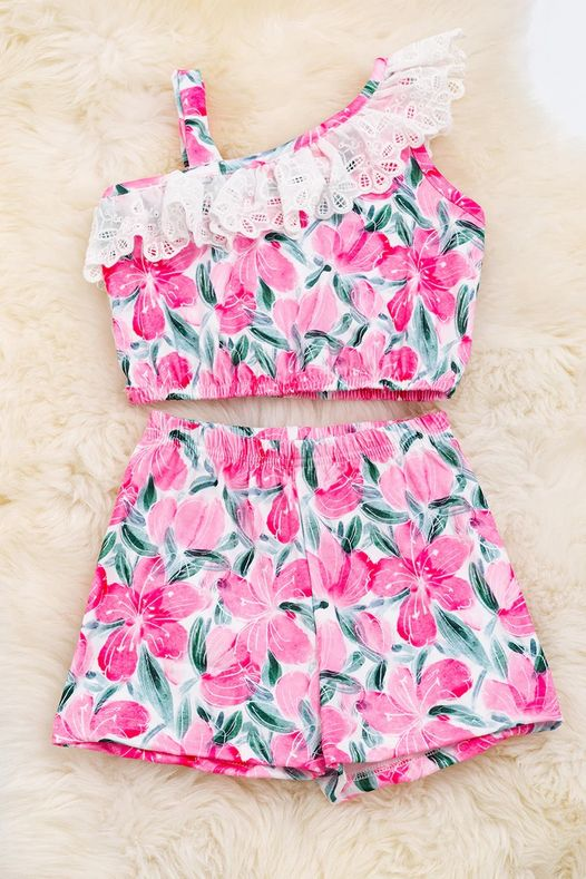 (Custom Design Preorder MOQ 5) Hotpink Flowers Print Girls Summer Clothes Set