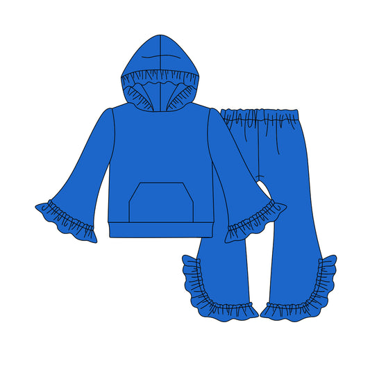 (Custom Design Preorder MOQ 5)  Blue Color Girls Hoodie Ruffles Fall Clothes Set