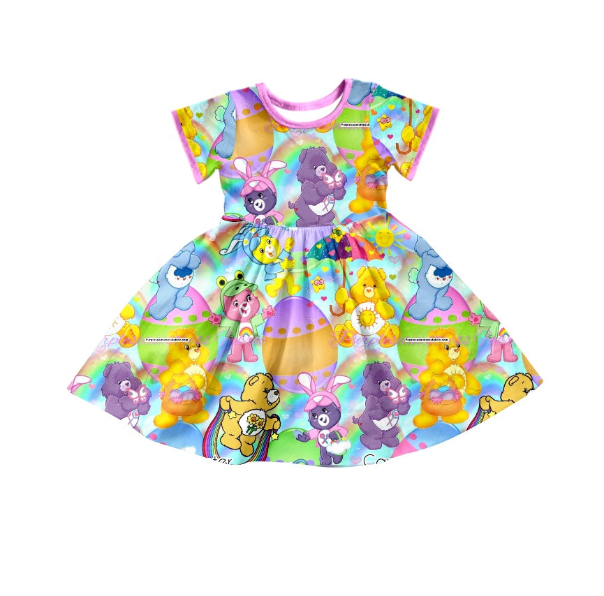 (Custom Design Preorder MOQ 5) Colorful Cartoon Deer Egg Girls Knee Length Easter Dress