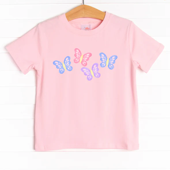 (Custom Design Preorder MOQ 5)  Butterfly Pink Print Girls Summer Tee Shirts Top