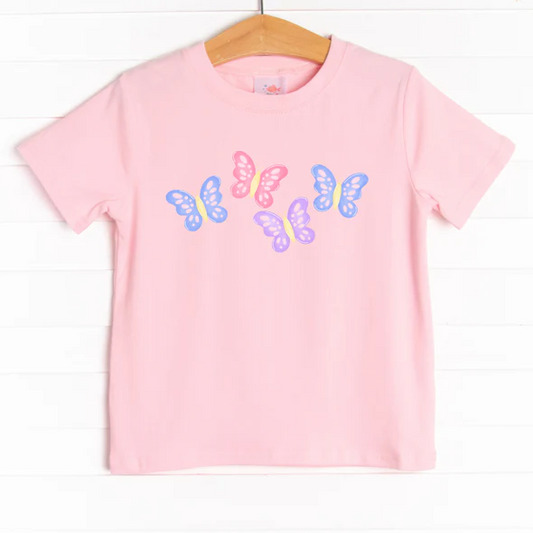 (Custom Design Preorder MOQ 5)  Butterfly Pink Print Girls Summer Tee Shirts Top