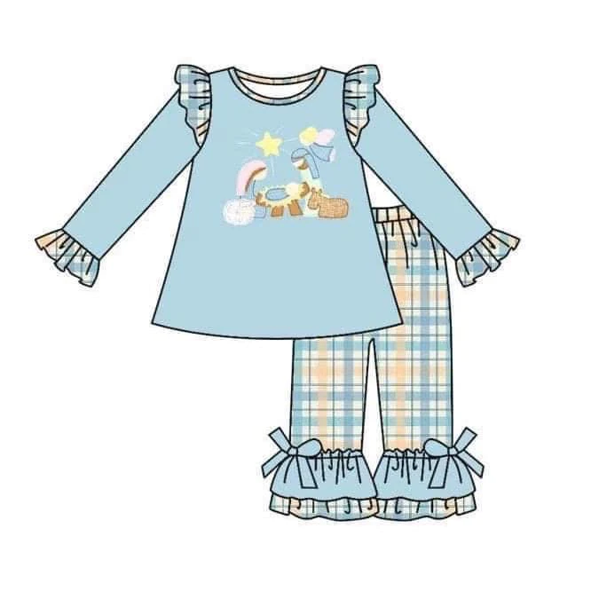 (Custom Design MOQ 5)Blue Nativity Print Plaid Pants Girls Clothes Set