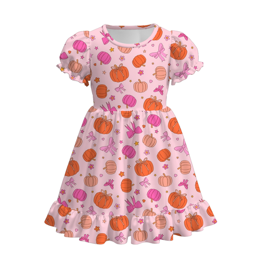 (Custom Design Preorder MOQ 5) Pumpkin Bows Print Girls Knee Length Fall Dress