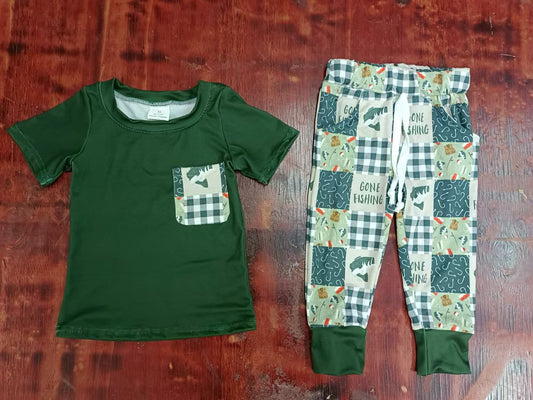 (Custom Design Preorder MOQ 5) Green Pocket Top Fishing Pants Boys Clothes Set