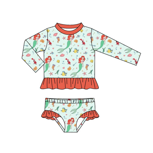 (Custom Design Preorder MOQ 5) Princess Mermaid Print Girls 2 Pieces Long Sleeve Swimsuits