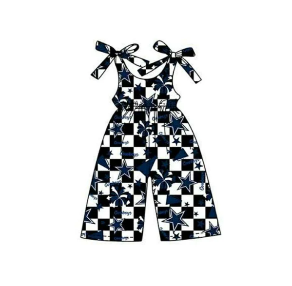 (Custom Design Preorder MOQ 5) Team's Cowboys Stars Cheer Plaid Print Girls Summer Jumpsuits