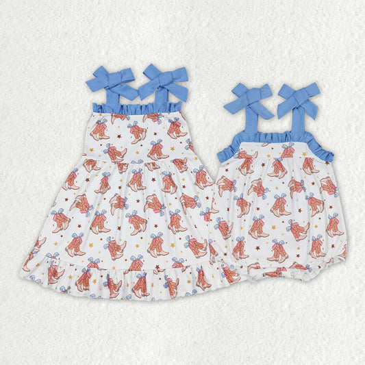 Boots Blue Bows Print Sisters Summer Western Matching Clothes