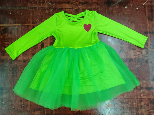 (Custom Design Preorder MOQ 5) Green Heart Print Girls Christmas Knee Length Tulle Dress