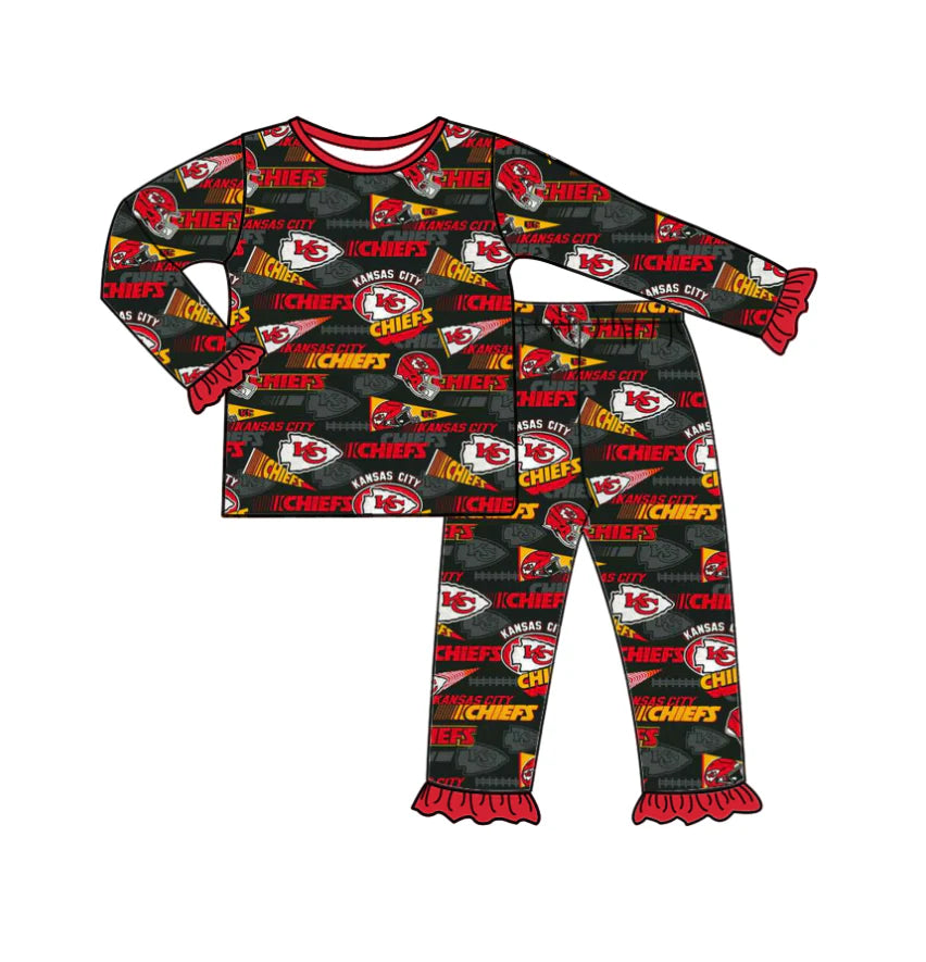 (Custom Design Preorder MOQ 5) Team's KC Black Print Girls Pajamas Clothes Set