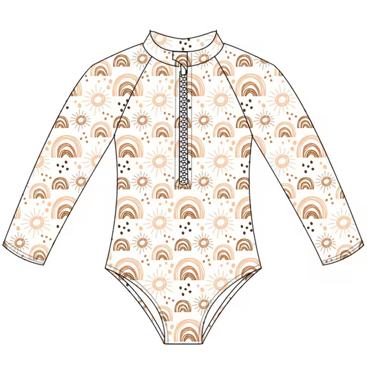 (Custom Design Preorder MOQ 5)  Rainbow Sunshine Print Girls 1 Piece Long Sleeve Zipper Swimsuits