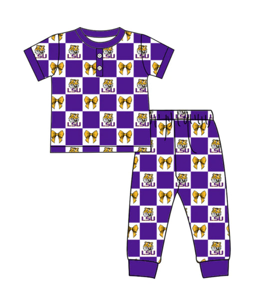 (Custom Design Preorder MOQ 5) Team's LSU Tigers Plaid Bows Print Girls Pajamas Clothes Set