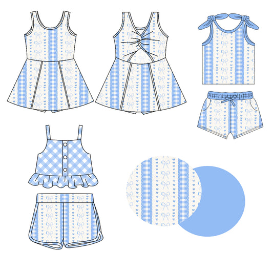 2.7(Custom Design Preorder MOQ 5 Each Design) Blue Bows Plaid Print Girls Summer Matching Clothes Sisters Wear