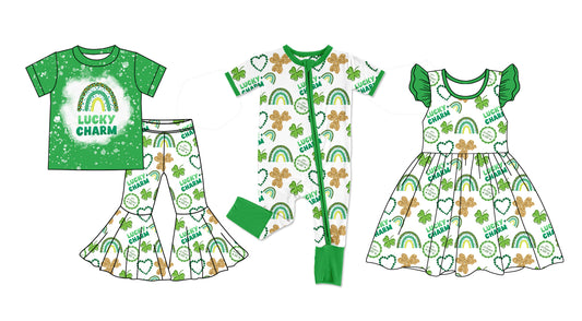 12.11(Custom Design Preorder MOQ 5 Each Design) LUCKY CHARM Rainbow Print Girls St. Patrick's Day Matching Clothes Sisters Wear