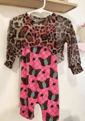 (Custom Design Preorder MOQ 5) Leopard Top Butterfly Turquoise Jumpsuits Girls Western Clothes Set