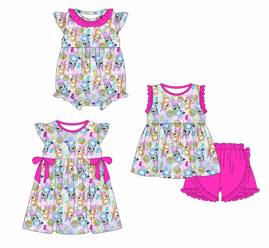 1.4(Custom Design Preorder MOQ 5 Each Design) Cartoon Dog Egg Print Girls Easter Matching Clothes Sisters Wear