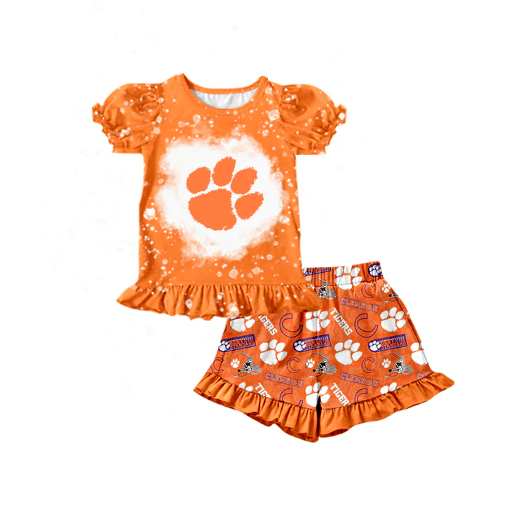 (Custom Design Preorder MOQ 5)  Team's Orange Paw Print Girls Summer Clothes Set