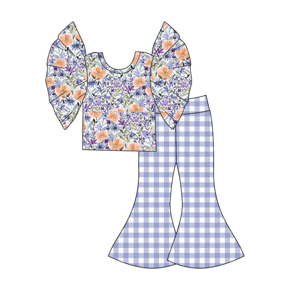 (Custom Design Preorder MOQ 5) Purple Flowers Top Plaid Bell Pants Girls Clothes Set