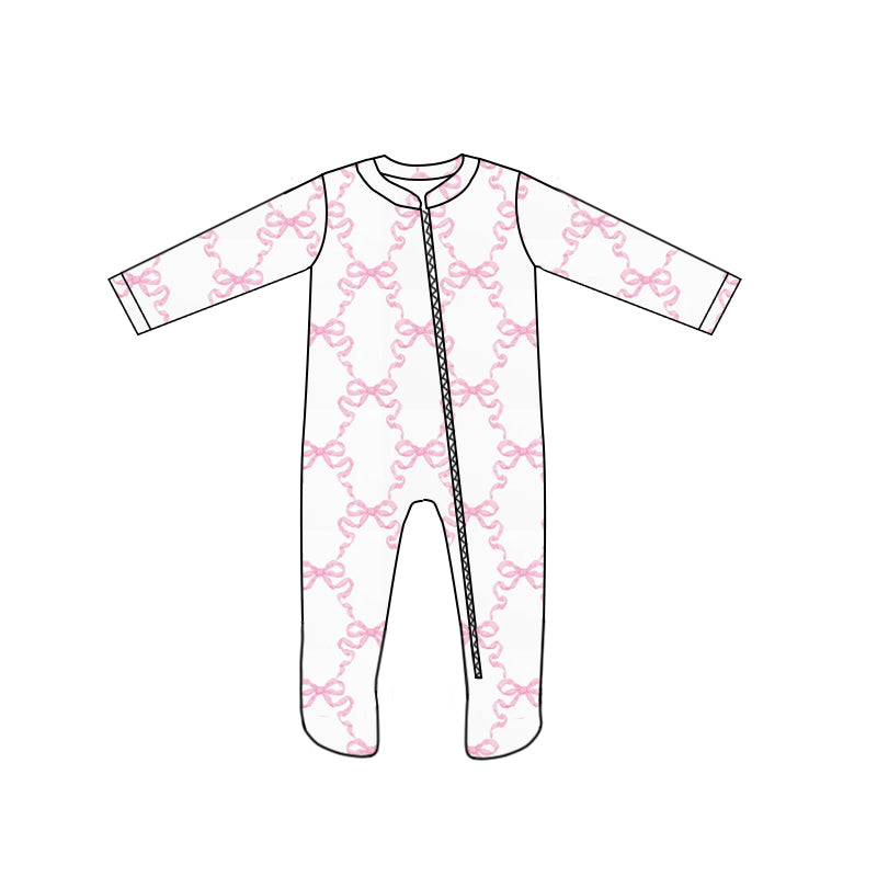 (Custom Design Preorder MOQ 5) Pink Bows Print Baby Girls Bamboo Sleeper Zipper Romper