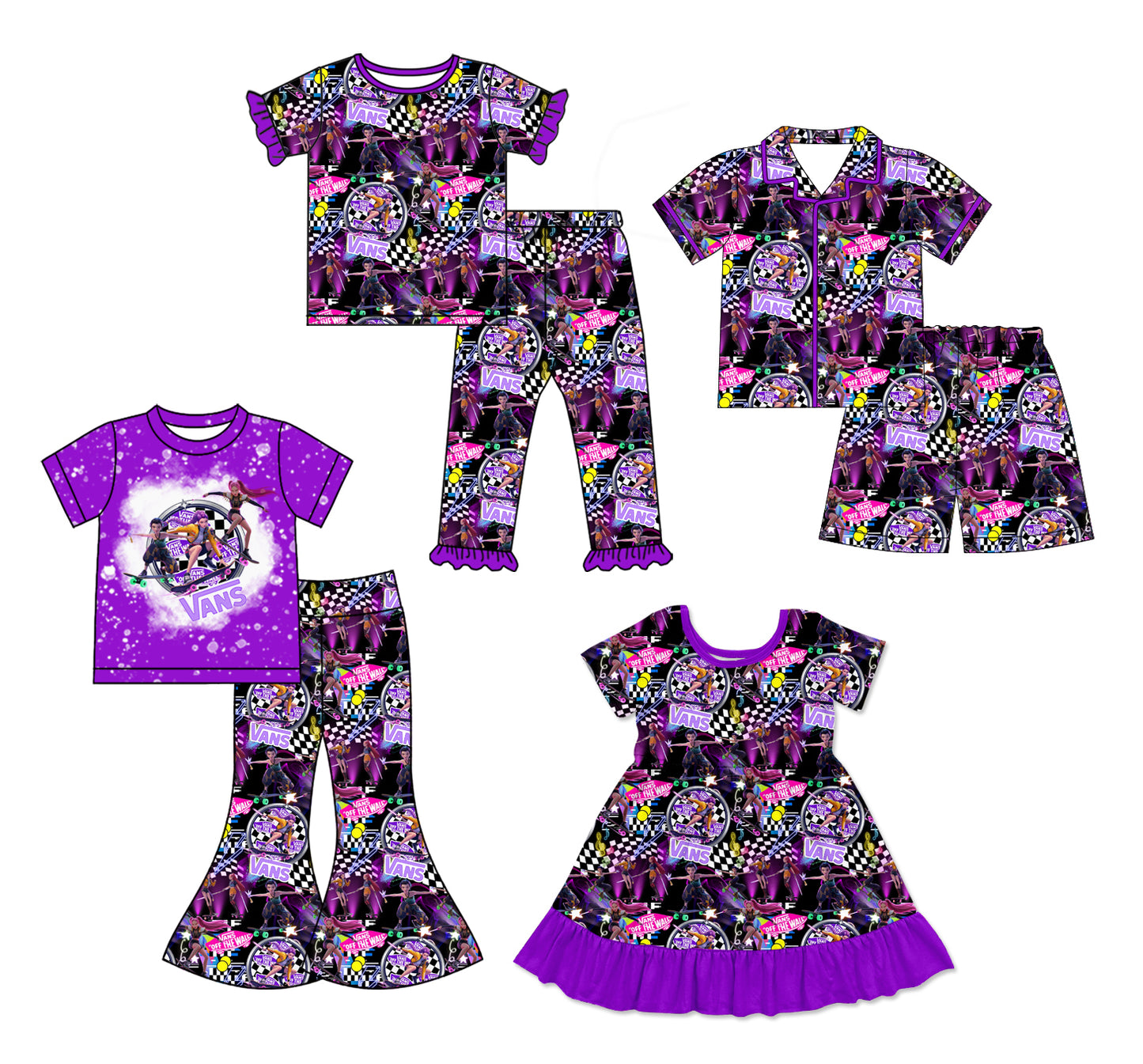 12.25 (Custom Design Preorder MOQ 5 Each Design) Cartoon Demon Movie Purple Print Girls Matching Clothes Sisters Wear