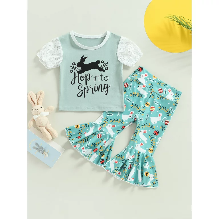 (Custom Design MOQ 5) Hop Into Spring Bunny Print Bell Pants Girls Easter Clothes Set