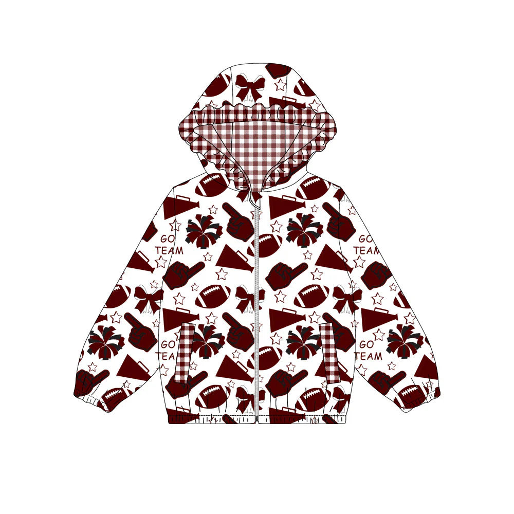 (Custom Design Preorder MOQ 5) Wine Go Team Cheer Bows Print Pockets Girls Long Sleeve Zipper Jackets Top