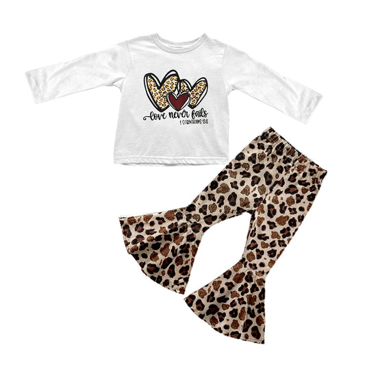 (Custom Design MOQ 5) Leopard Heart Print Bell Pants Girls Valentine's Clothes Set