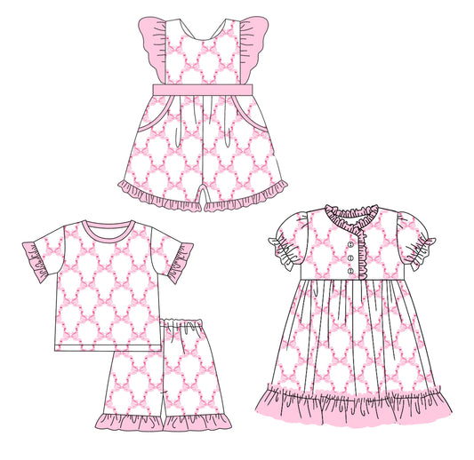 12.10(Custom Design Preorder MOQ 5 Each Design) Pink Bows Print Girls Summer Matching Clothes Sisters Wear