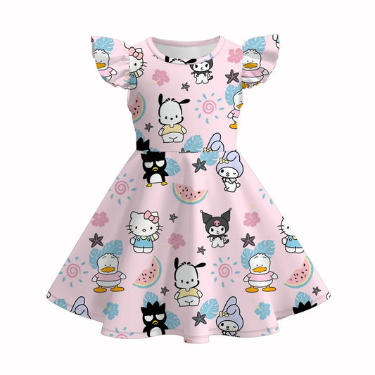 (Custom Design Preorder MOQ 5) Cartoon Animals Watermelon Print Girls Summer Knee Length Dress