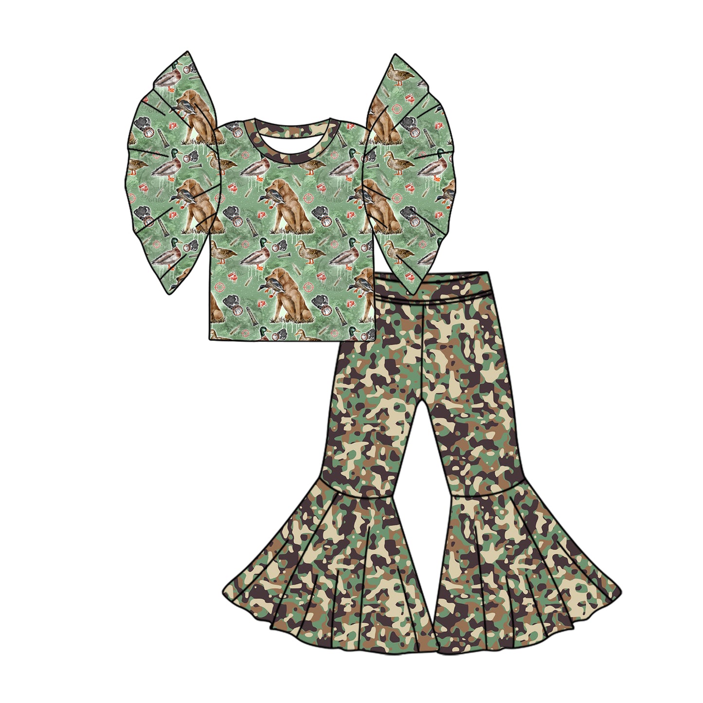 2.24(Custom Design Preorder MOQ 5) Dog Duck Hunting Top Camo Bell Pants Girls Clothes Set