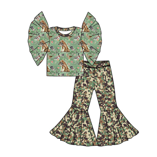2.24(Custom Design Preorder MOQ 5) Dog Duck Hunting Top Camo Bell Pants Girls Clothes Set