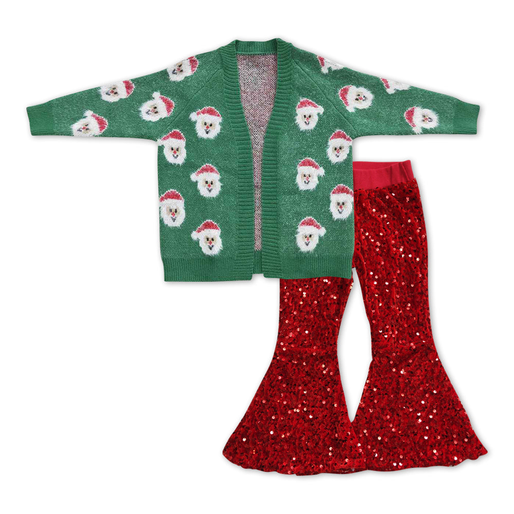 GLP1030 Green Christmas Santa Sweater Cardigan Top Red Sequin Bell Bottom Pants Girls Clothes Set