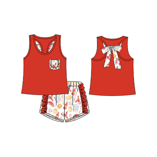 12.14(Custom Design Preorder MOQ 5) Red Pocket Vest Top Crayfish Shorts Girls Summer Clothes Set