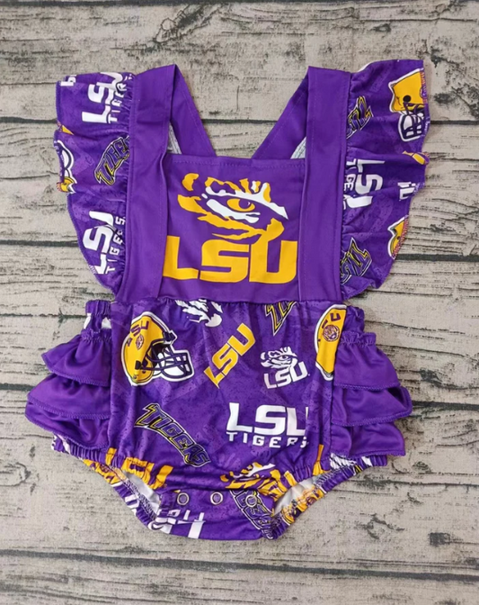 (Custom Design Preorder MOQ 5)  Team's Purple LSU Print Baby Girls Summer Romper