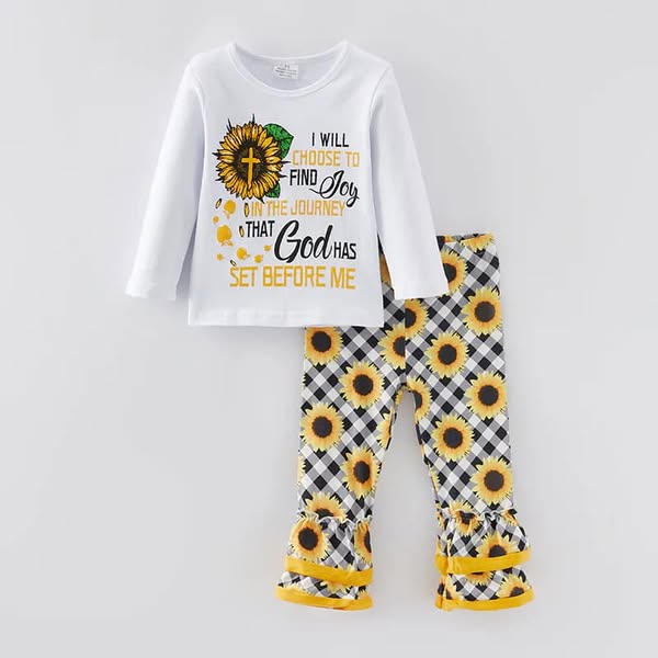 (Custom Design Preorder MOQ 5) Sunflowers Top Ruffle Pants Girls Clothes Set