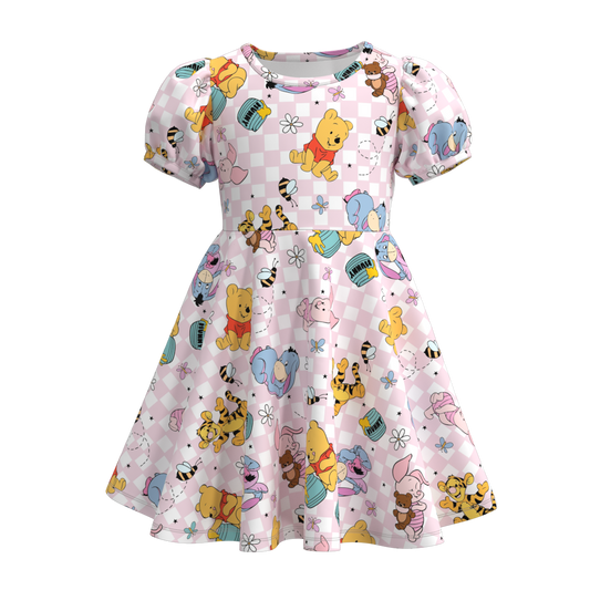 (Custom Design Preorder MOQ 5) Cartoon Bear Pink Plaid Print Girls Knee Length Summer Dress