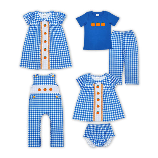 Pumpkin Embroidery Blue Plaid Print Sibling Fall Matching Clothes