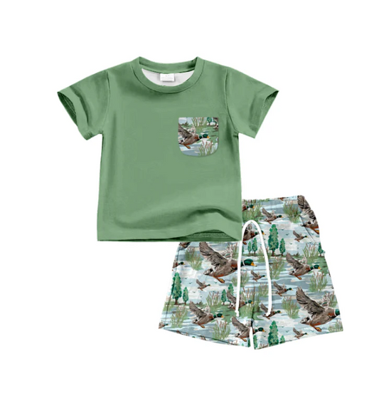 (Custom Design Preorder MOQ 5)  Green Pocket Top Duck Shorts Boys Summer Clothes Set