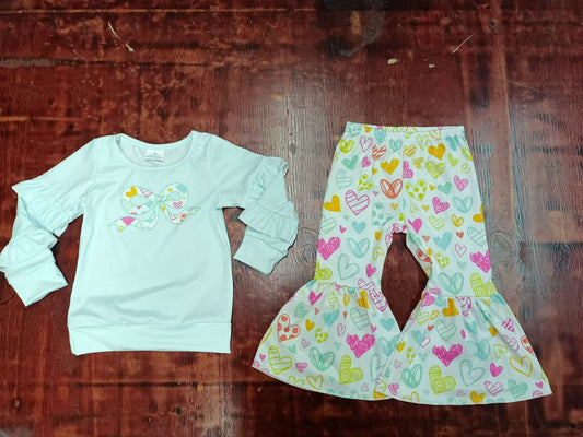 (Custom Design Preorder MOQ 3 ) Bow Colorful Heart Print Bell Pants Girls Valentine's Day Clothes Set