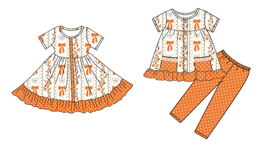 5.1(Custom Design Preorder MOQ 5 Each Design) Leaf Bows Orange Dots Print Girls Fall Matching Clothes Sisters Wear