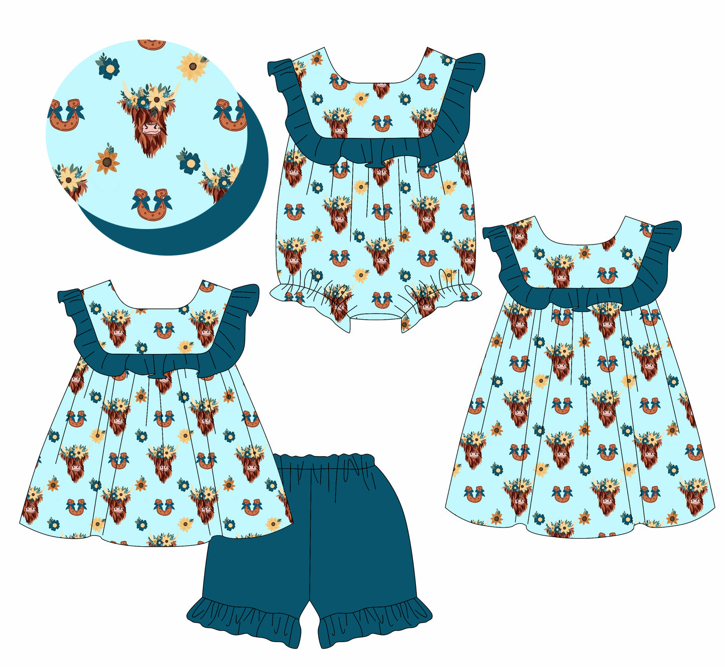 2.7(Custom Design Preorder MOQ 5 Each Design) Highland Cow Flowers Print Girls Summer Matching Clothes Sisters Wear