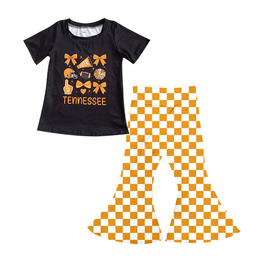 (Custom Design Preorder MOQ 5) Team's Tennessee Bows Top Plaid Bell Pants Girls Clothes Set
