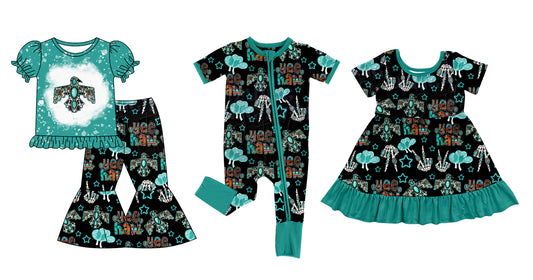 12.26(Custom Design Preorder MOQ 5 Each Design) Turquoise Western Print Girls Matching Clothes Sisters Wear