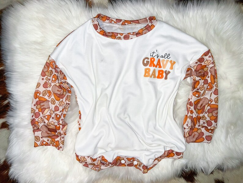 (Custom Design Preorder MOQ 5) It's all GRAVY BABY Turkey Print Baby Girls Thanksgiving Romper