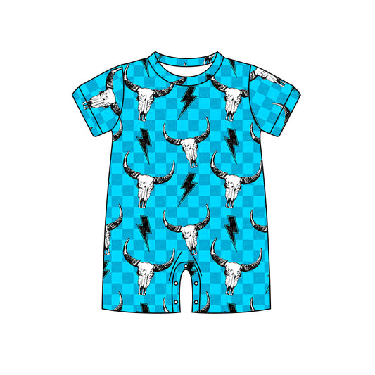 (Custom Design Preorder MOQ 5) Blue Cow Skull Print Baby Boys Summer Western Romper