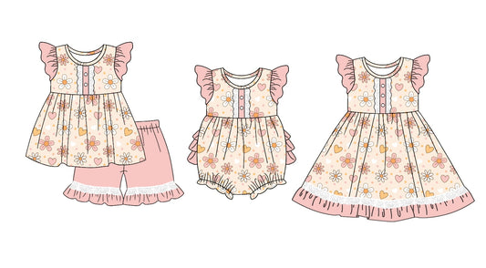11.4(Custom Design Preorder MOQ 5 Each Design) Heart Flowers Print Girls Valentine's Day Matching Clothes Set Sisters Wear