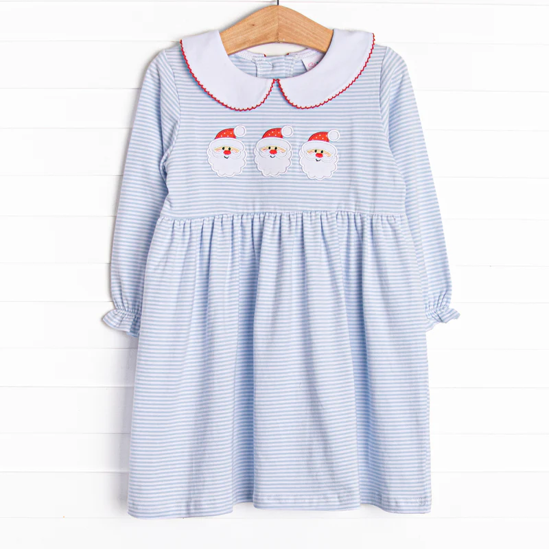 (Custom Design Preorder MOQ 5) Santa Blue Stripes Print Girls Knee Length Christmas Dress