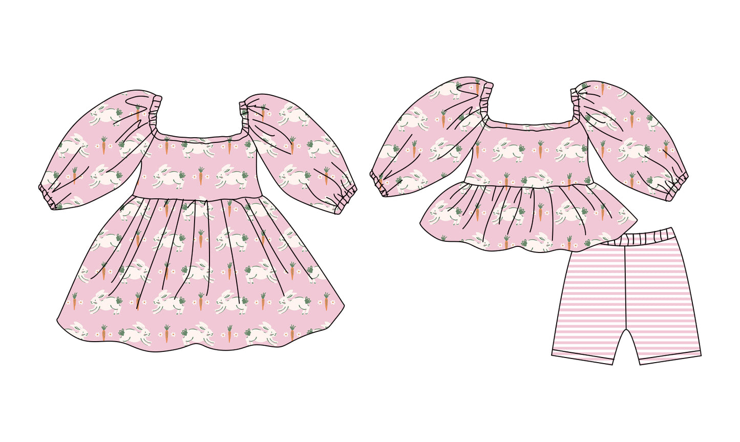 12.8 (Custom Design Preorder MOQ 5 Each Design) Bunny Flowers Print Girls Easter Matching Clothes Sisters Wear