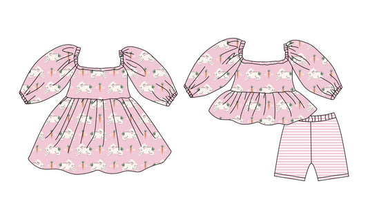 12.8 (Custom Design Preorder MOQ 5 Each Design) Bunny Flowers Print Girls Easter Matching Clothes Sisters Wear