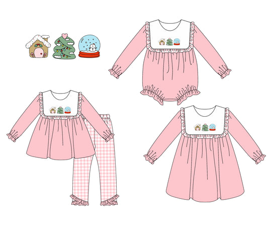 7.1(Custom Design Preorder MOQ 5 Each Design) Candy House Pink Print Girls Christmas Matching Clothes Sisters Wear