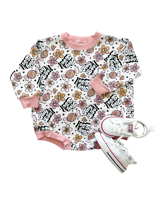 (Custom Design Preorder MOQ 5) Hey BOO Flowers Print Baby Girls Halloween Romper